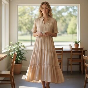 Grace + Karma Beige Tiered Maxi Dress Short Puff Sleeve Rayon Large